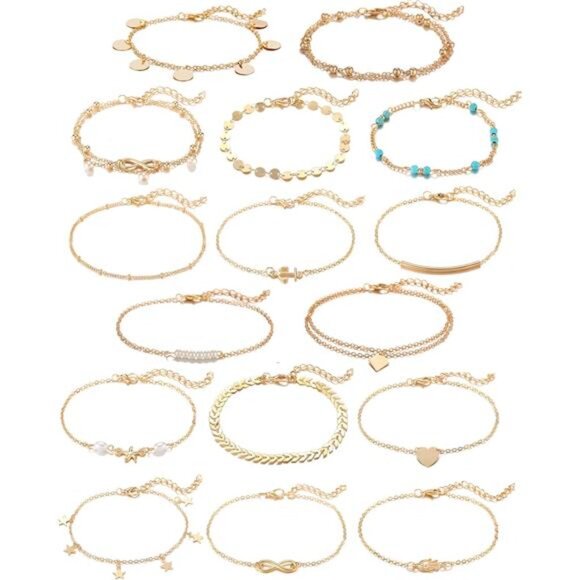 16Pcs Ankle Bracelets for Women Gold Silver TwoStyle Chain Beach Anklet Bracelet - Picture 1 of 8